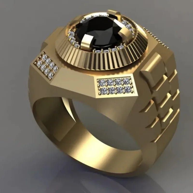 Fashion Men Gold Color Round Men Rings Luxury Black Stones Wedding Party Bridal Ring Jewelry