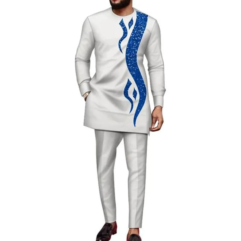 African Muslim Men Wedding Suit 2 Piece Set Long Sleeve Round Neck Top and Pants Traditional Style