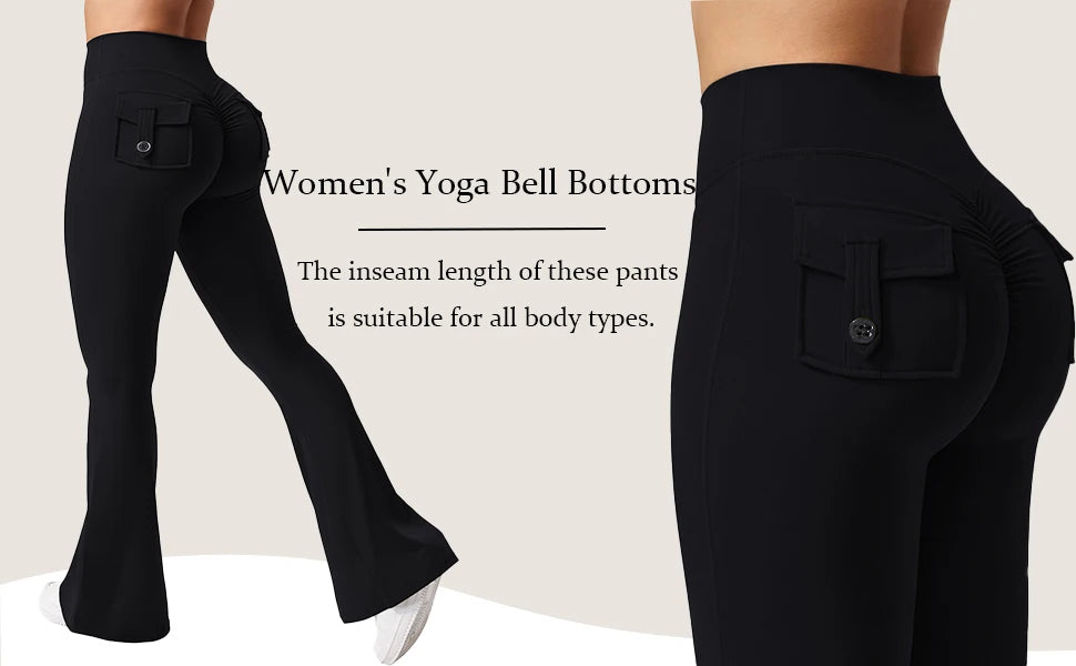 Women's Yoga Flare Trousers, High-Waisted Tummy-Control Wide-Leg Trousers Outdoor Casual Leggings with Pockets, Gym Workout Trou