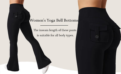 Women's Yoga Flare Trousers, High-Waisted Tummy-Control Wide-Leg Trousers Outdoor Casual Leggings with Pockets, Gym Workout Trou