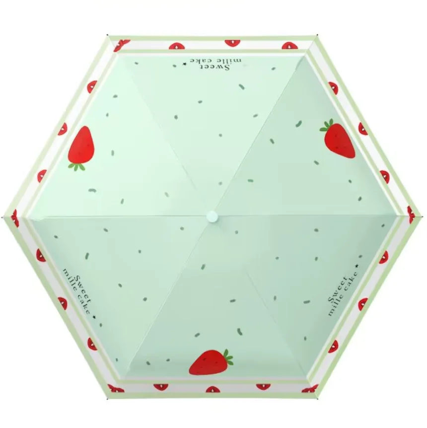 Mini Foldable Fruit Pattern Umbrella UV Resistant Heart-Shaped Handle Sunshade Rain Umbrella for Women