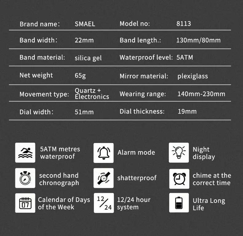 SMAEL Brand 8113 Waterproof Dropshipping Watch Alarm Clock night light Young Fashion business Quartz Sport Wristwatches