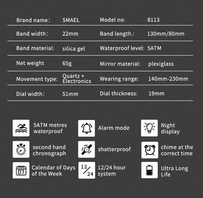 SMAEL Brand 8113 Waterproof Dropshipping Watch Alarm Clock night light Young Fashion business Quartz Sport Wristwatches