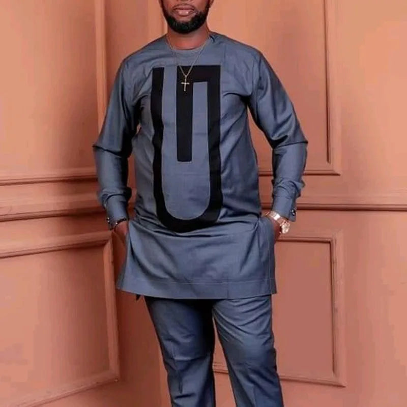 African Muslim Men Wedding Suit 2 Piece Set Long Sleeve Round Neck Top and Pants Traditional Style