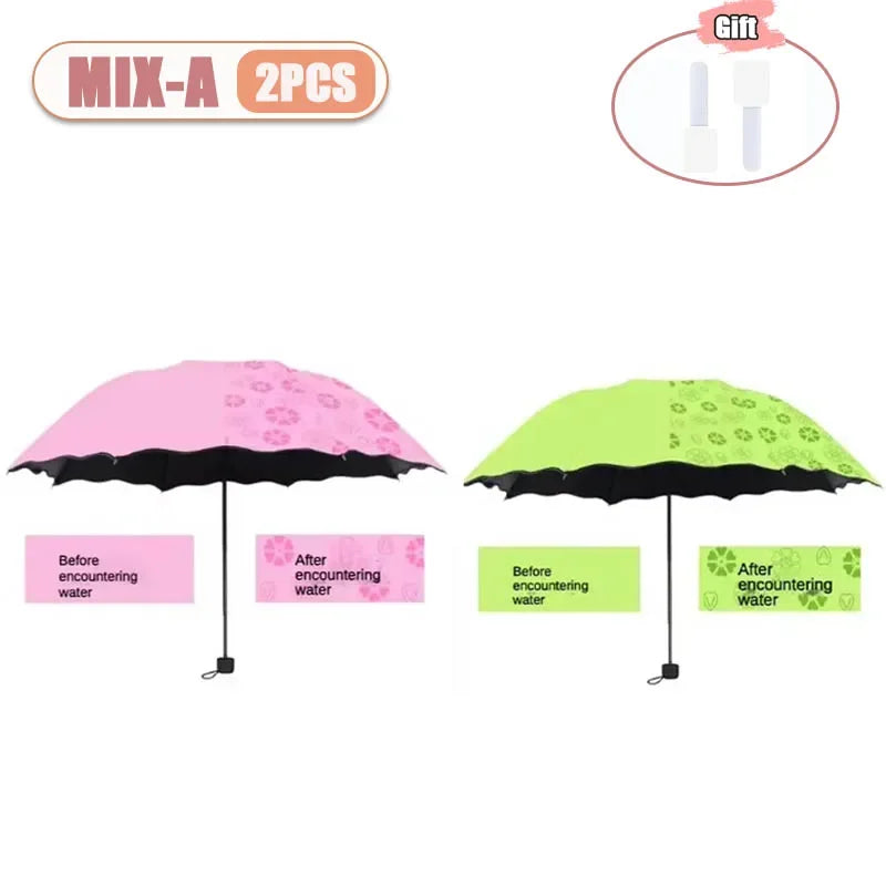 1-2PCS Portable Creative Water Flowering  Umbrella Manual  Black Coating UV Protection Sun Rain Dual Use Folding Parasol