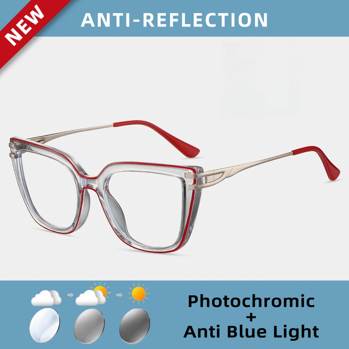 EYORA Currents Square Women Anti-Reflective Reading Glasses Anti Blue Light Myopia Eyewear Photochromic Prescription Eyewear