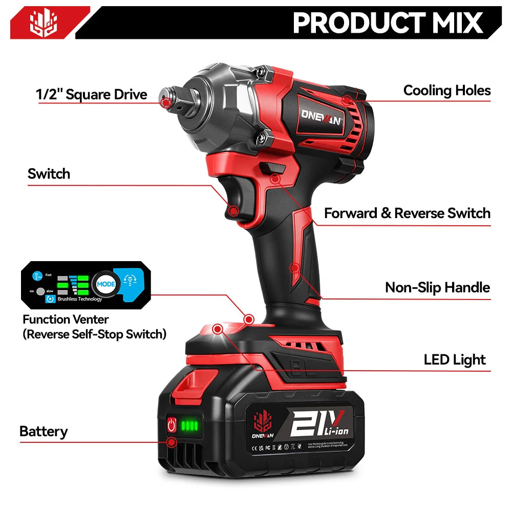 ONEVAN 1200N.M Brushless Cordless Electric Impact Wrench Portable Screwdriver Drill Repair Power Tool For Makita 18V Battery Pin