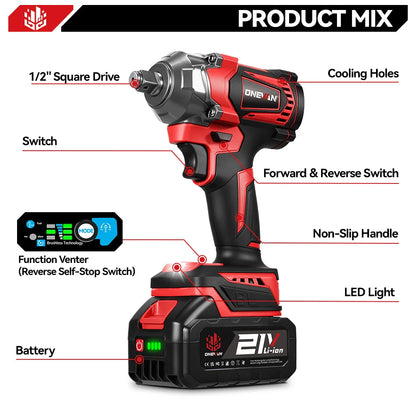 ONEVAN 1200N.M Brushless Cordless Electric Impact Wrench Portable Screwdriver Drill Repair Power Tool For Makita 18V Battery Pin