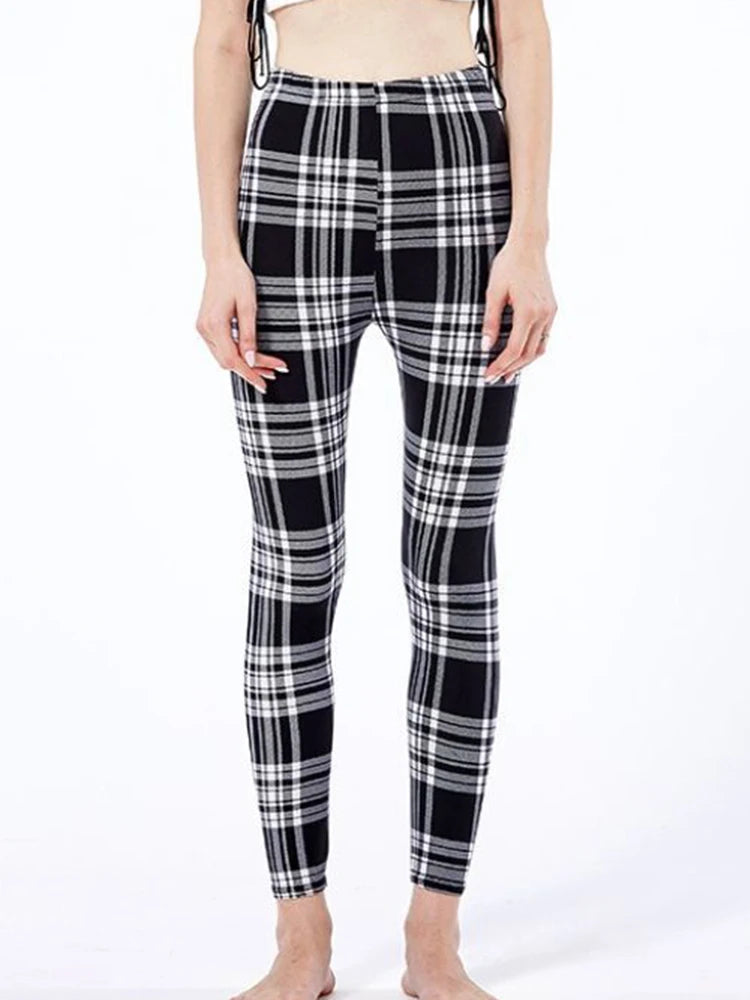 CUHAKCI Fashion Plaid Printing Leggings Women Sexy Fitness Leggins Grid Floral Stripe Trousers High Waist Pencil Pants