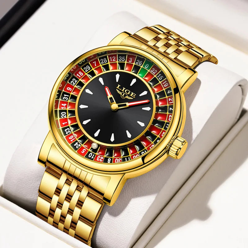 LIGE Creative Golden Mens Watches Roulette Game Dial Fashion Man Watch Waterproof Luminous Quartz Wristwatches Rolling Ball+Box
