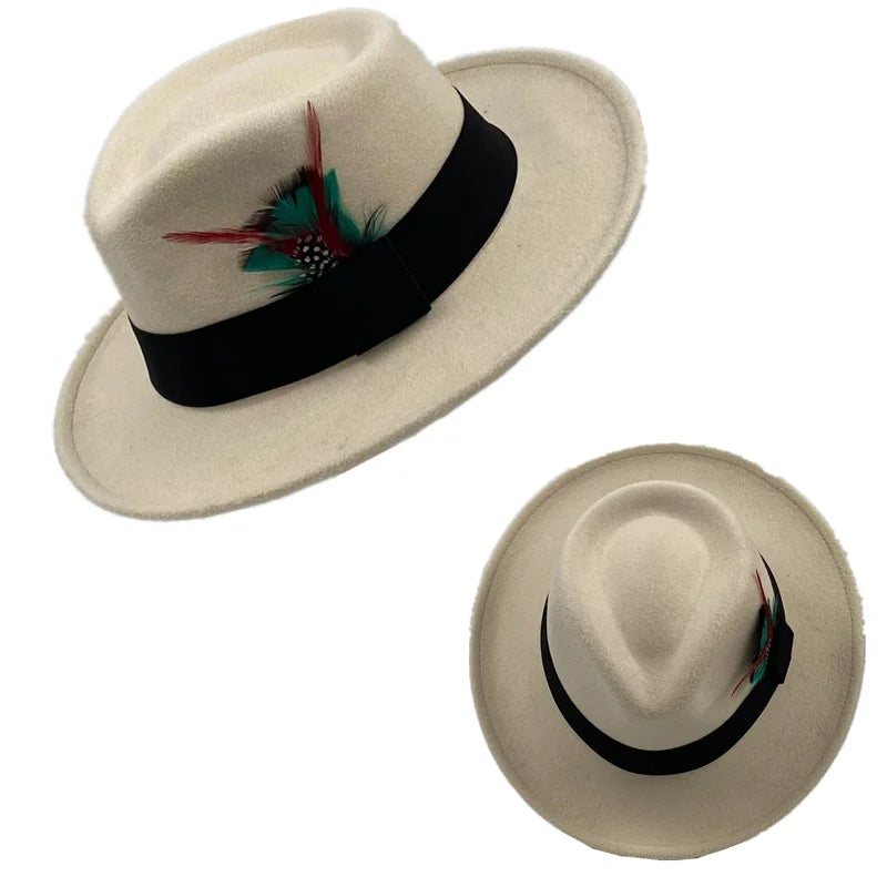 Fedora Men's Feather Wide-brimmed Hat Unisex Wool Felt Jazz Top Hat Autumn and Winter Ladies Hat Church Men's Hat Casual