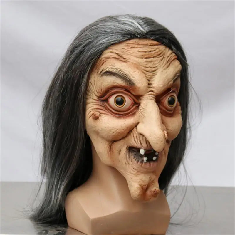 Halloween Horror Long Hair Witch Head Cover Old Man Mask Party Cosplay Haunted House Scary Props Adult Full Face Latex Headdress