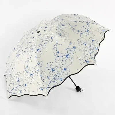 New Wave Edge Umbrella for Girls UV Protection Black Coating Hibiscus Flower Princess Fashion