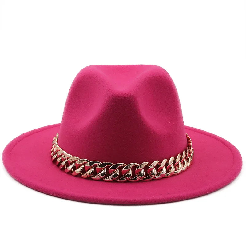 women fedoras golden chain fedora hat women men wide brim solid color jazz top hat autumn winter new Panama hat gentleman hat