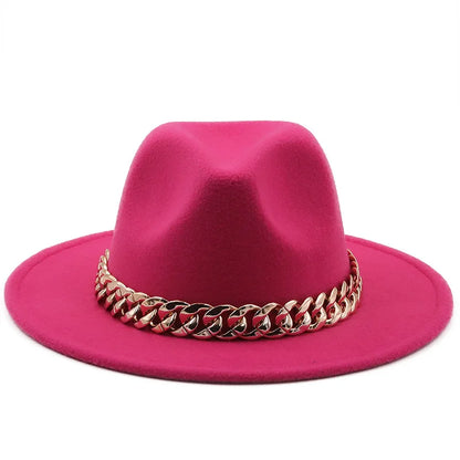 women fedoras golden chain fedora hat women men wide brim solid color jazz top hat autumn winter new Panama hat gentleman hat