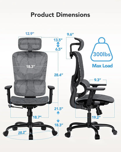 Ergonomic Mesh Office Chair with 5-Level Lumbar Support, Computer Gaming Chair with Adjustable Headrest & Armrests,, Customized