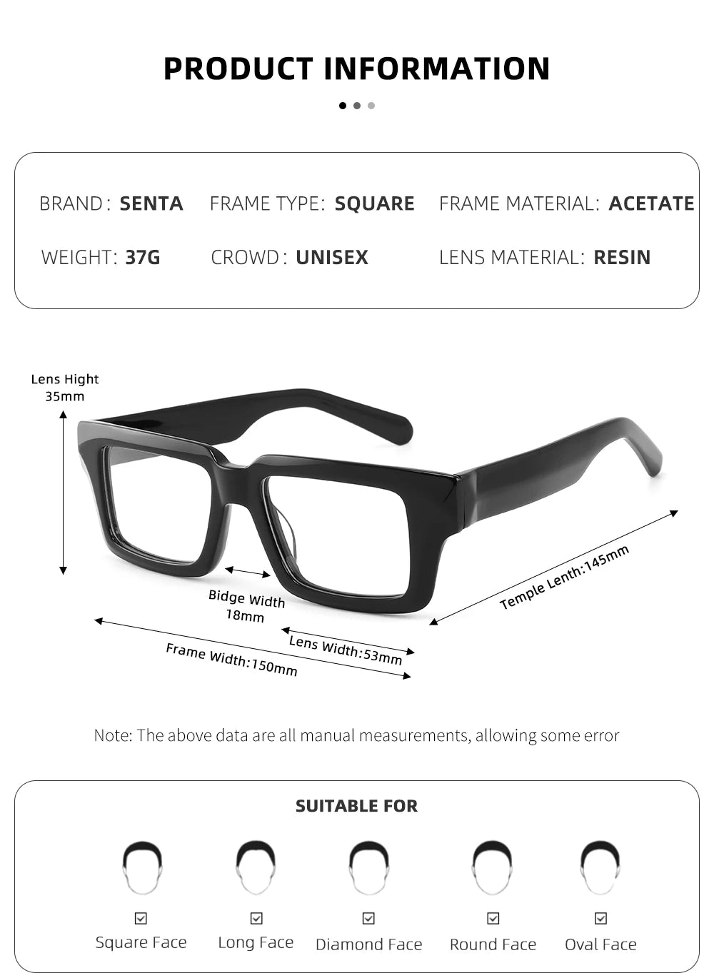 Thicken Acetate Glasses Frame Men Women Vintage Square Myopia Prescription Eyeglasses Frame Reading Glasses Luxury Brand Eyewear