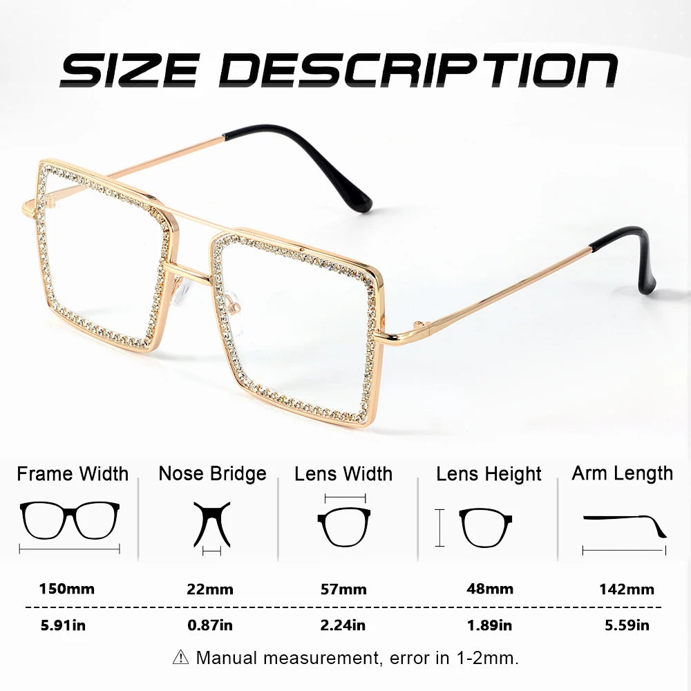 CRIXALIS Casual Square Large Frame Women’s Glasses Decorative Glasses Daily Life Bare-faced Glasses With Drill Design Decorative