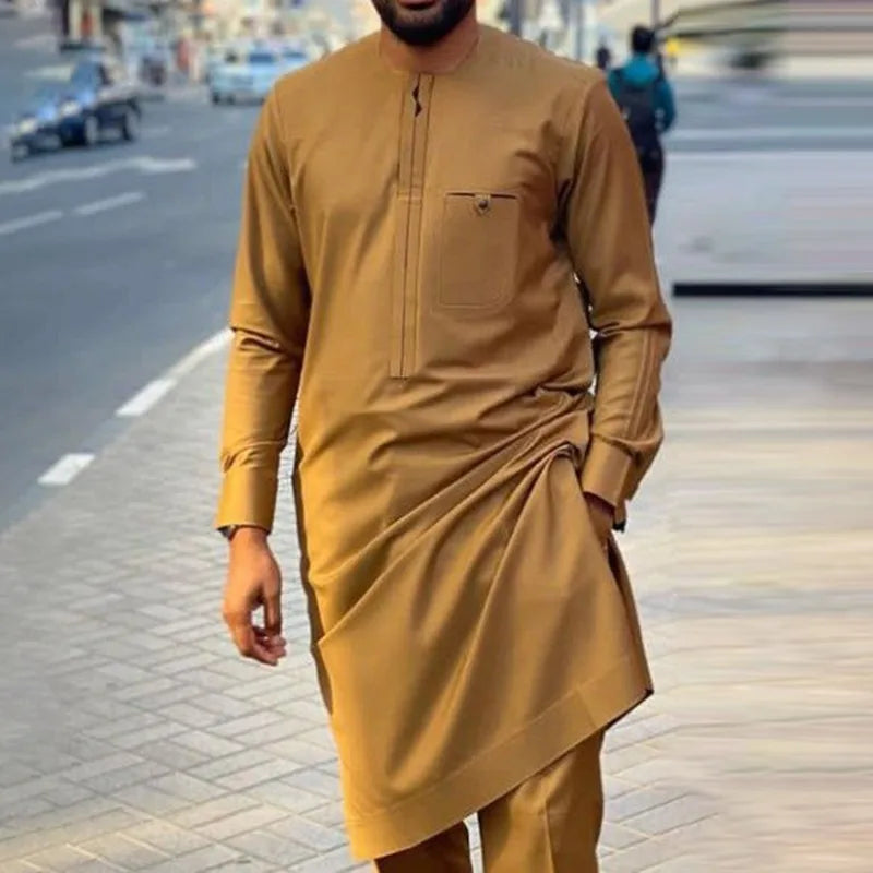 African Muslim Men Wedding Suit 2 Piece Set Long Sleeve Round Neck Top and Pants Traditional Style