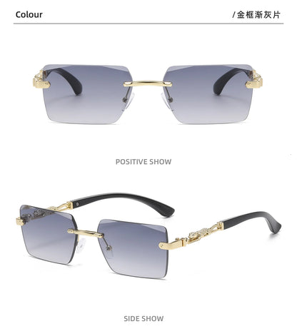 Retro Rimless Square Sunglasses For Men Cut Edge UV400 Leopard Decorative Shades Gradient Lens Sun Glasses for Women