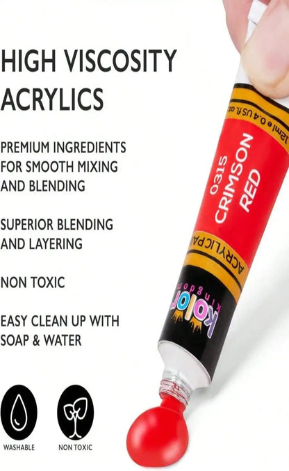 24 Colors Acrylic Paint Set (12ml/0.41oz) with 3 Brushes, Art Paints for Canvas Wood Rock Fabric & More