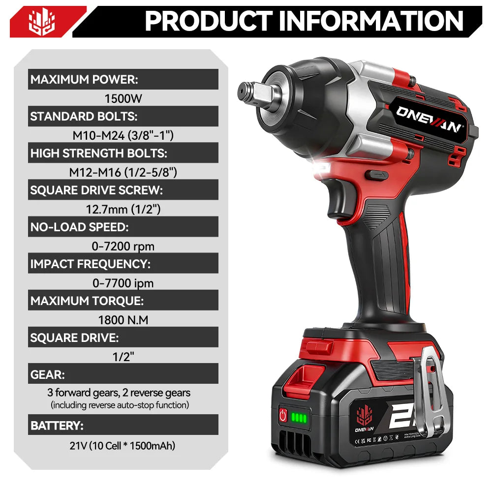ONEVAN 1800N.M Brushless Electric Impact Wrench 1500W Cordless Handheld Screwdriver Drill Power Tool For Makita 18V Battery Pin