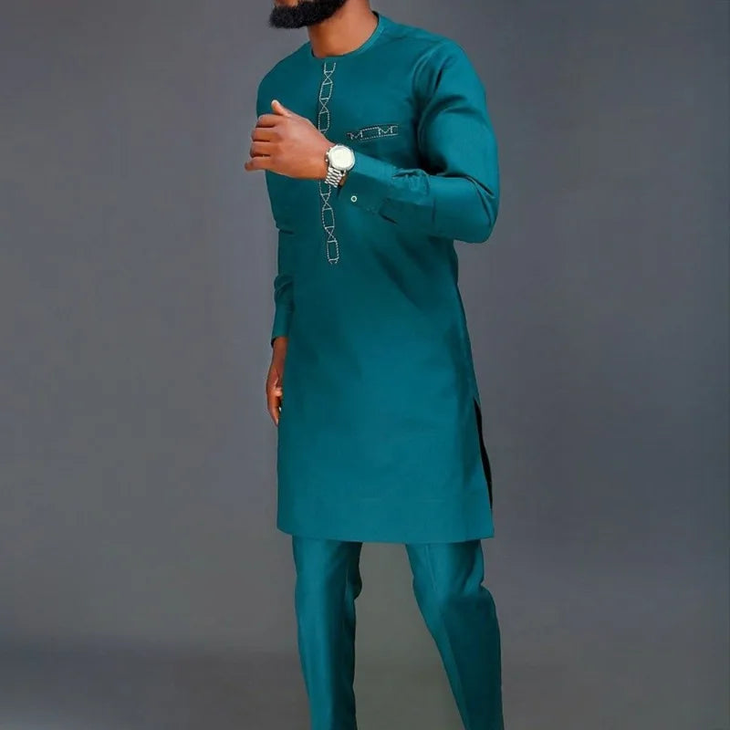 African Muslim Men Wedding Suit 2 Piece Set Long Sleeve Round Neck Top and Pants Traditional Style
