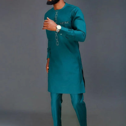 African Muslim Men Wedding Suit 2 Piece Set Long Sleeve Round Neck Top and Pants Traditional Style
