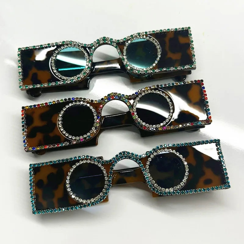Unique Hand Diamond Square Women Sunglasses Luxury Rhinestone Small Round Lens Shades Female New Wide Legs Sun Glasses Men UV400