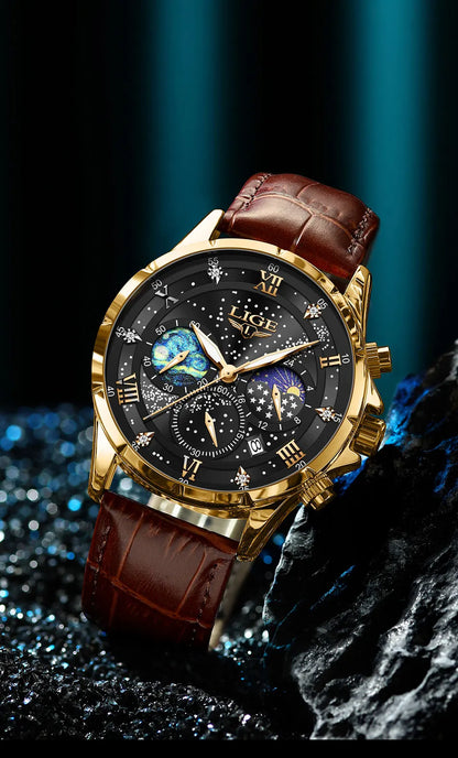LIGE 2024 Top Luxury Brand Men Genuine Leather Sports Watches Men's Army Military Watch Male Date Quartz Clock Relogio Masculino