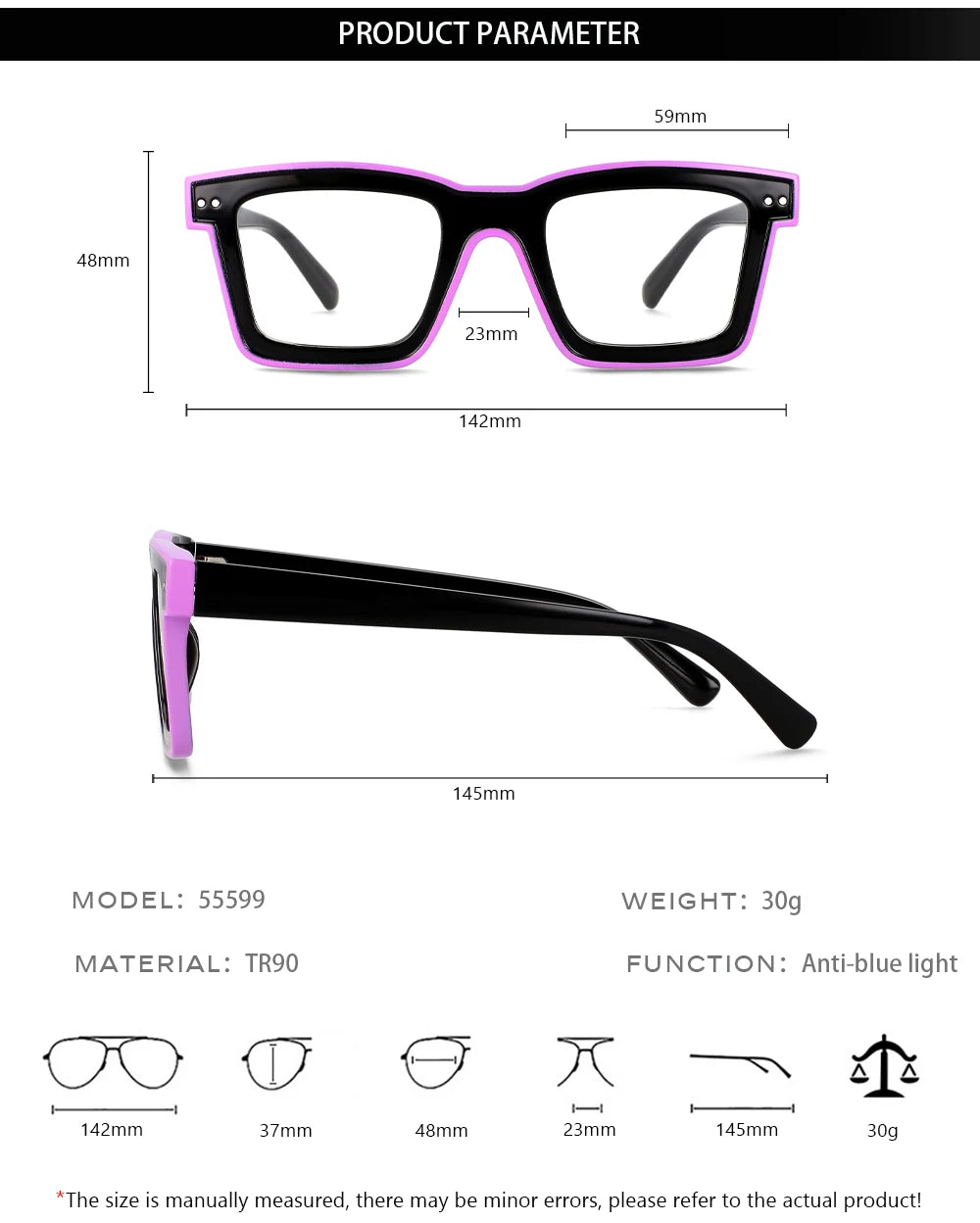 55599 New Fashion Men Brand Designer Glasses for Ladies Anti Blue Retro Square Punk Frame Clear Computer Purple Eyeglasses