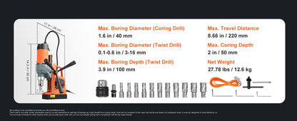SucceBuy 11PCs Magnetic Drill Motor 1.6 in 1450W Boring Diameter 850RPM Speed 2810 lbf Portable Electric Mag Drill Press