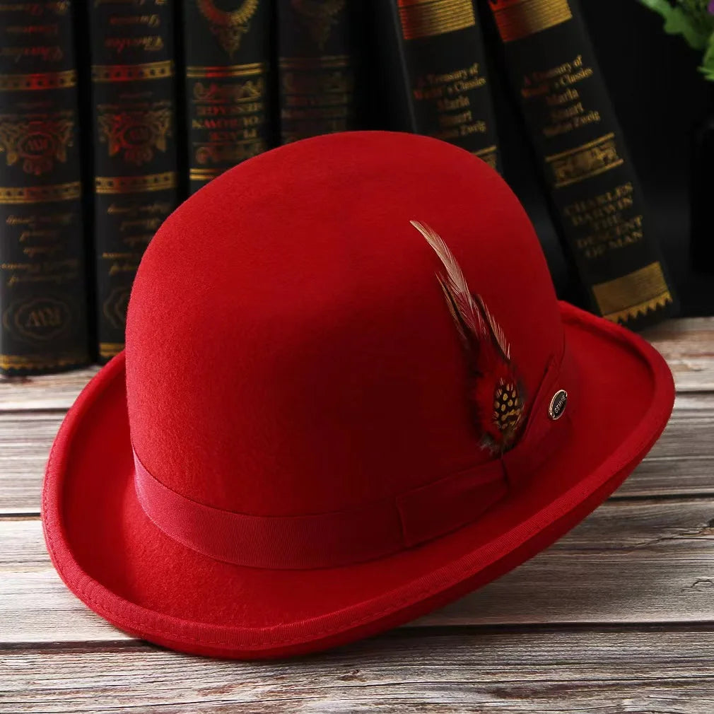 2023 Men Hat 100% Wool Fedora Hat Unisex Top Show Gentleman Bowler Hat Black Red Magic Hat Presidential Hat Feather Accessories