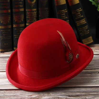 2023 Men Hat 100% Wool Fedora Hat Unisex Top Show Gentleman Bowler Hat Black Red Magic Hat Presidential Hat Feather Accessories