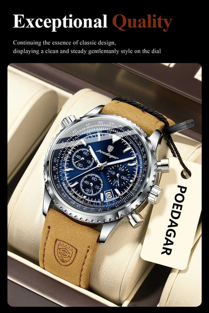 POEDAGAR Original Men's Clock Chronograph Date Waterproof Luminous Luxury Male Wristwatch Fashion Leather Quartz Watches For Man