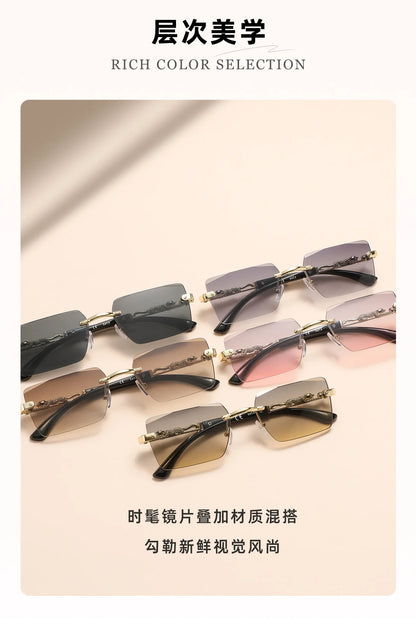 Retro Rimless Square Sunglasses For Men Cut Edge UV400 Leopard Decorative Shades Gradient Lens Sun Glasses for Women