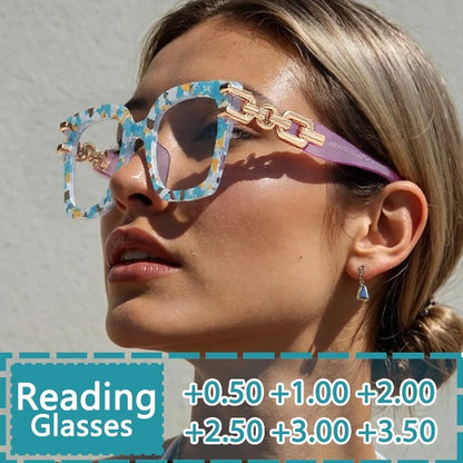 Fashion Ladies' Large Frame Anti Blue Glasses Golden Chain Eyeglass Legs Large Size Optical Spectacle Frame