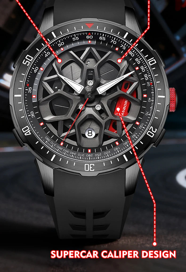 HANBORO supercar series men's fully automatic mechanical watch with wheels running and dial personalized watch
