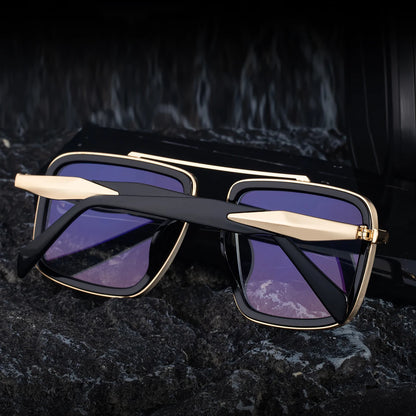 Vintage Oversized Square Polarized Sunglasses Men 2026 Luxury Steampunk Metal Frame Double Beam Driving Eyewear UV400 Shades