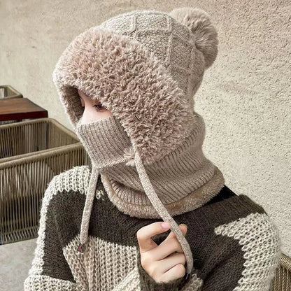 Women Winter Velvet Knitted Woolen Balaclava Hat Ear Protection fluffy Hat Mask Neck Integrated Warmth Cover Hat lady hooded cap