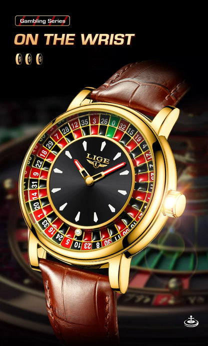 LIGE Creative Golden Mens Watches Roulette Game Dial Fashion Man Watch Waterproof Luminous Quartz Wristwatches Rolling Ball+Box