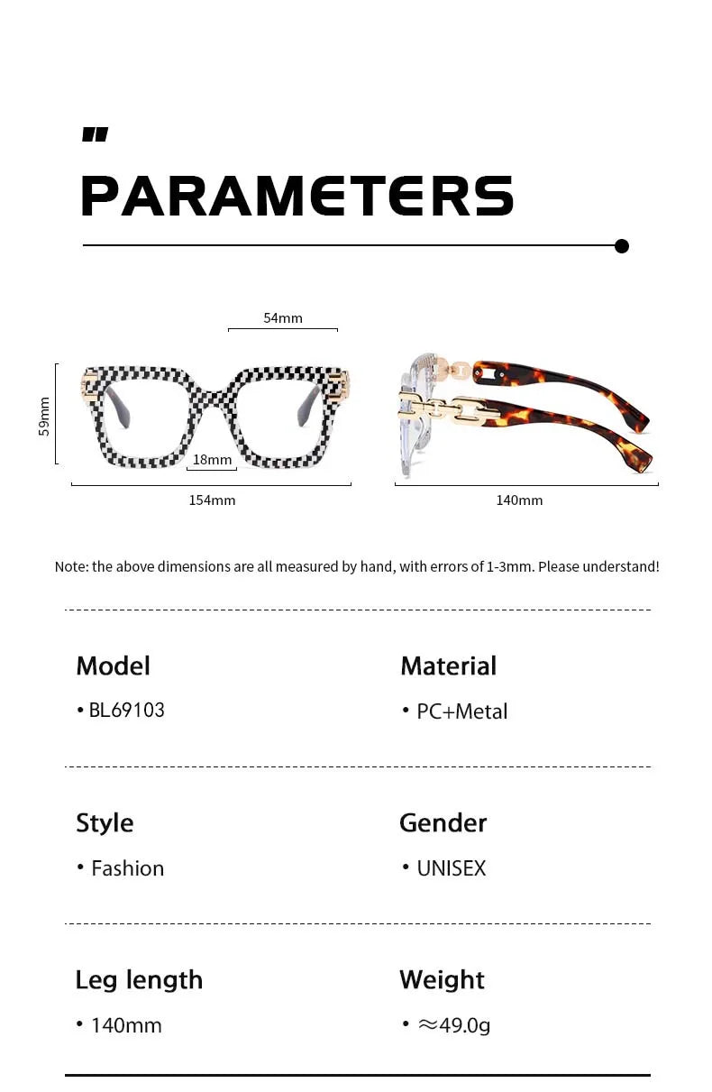 Fashion Ladies' Large Frame Anti Blue Glasses Golden Chain Eyeglass Legs Large Size Optical Spectacle Frame