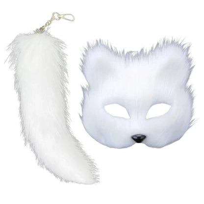 Therian Mask and Tail Faux Furs Foxes Tail Keychain Plush Cats Mask Halloween