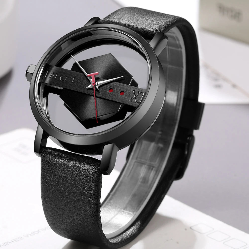 Unique Creative Half Transparent Unisex Watch clock For Men Women Couple Geek Stylish Leather Wrist watches Fashion Quartz watch