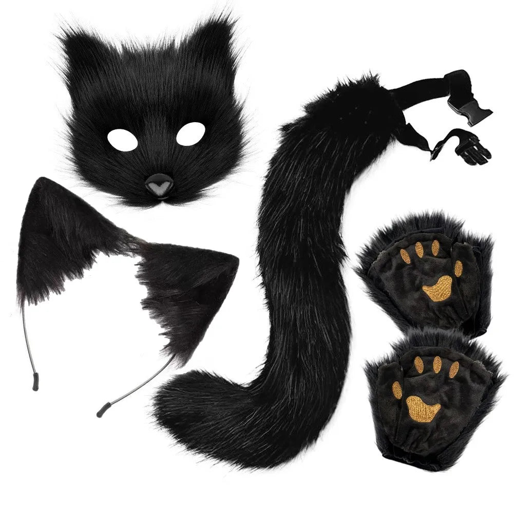 4-piece fur fox costume accessory set - including mask, gloves, headband, tail, with realistic fur and claws, perfect for Hallow