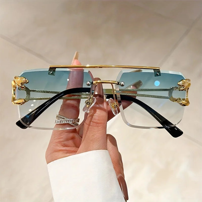 Fashion Rimless Square Double Bridge Sun Glasses Vintage Women Men Sunglasses