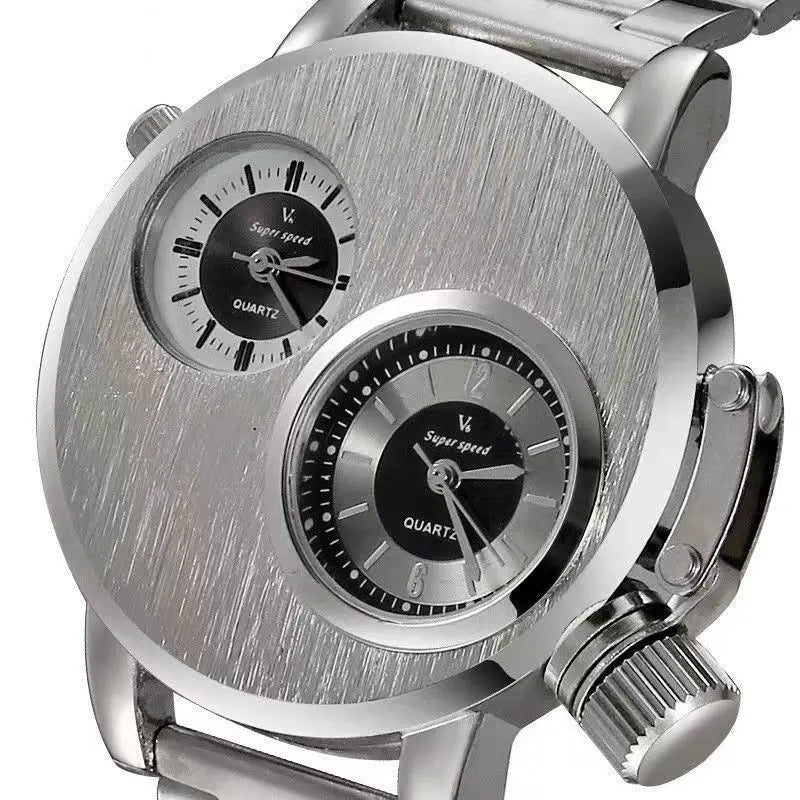 Luxury Men's Watches Punk Style Quartz Watch Dual Dial Business Men Wristwatch Stainless Steel Strap Waterproof Military Watch