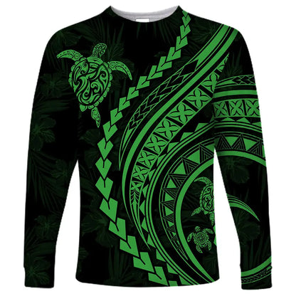 2024 new men's Polynesian long-sleeved T-shirt 3D printed turtle hibiscus luxury print men's autumn tops casual round neck