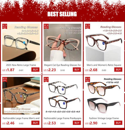 New Fashionable Large Frame Reading Glasses with Spring Legs Multi-colour Anti-blue Light Presbyopia Glasses for Men and Women