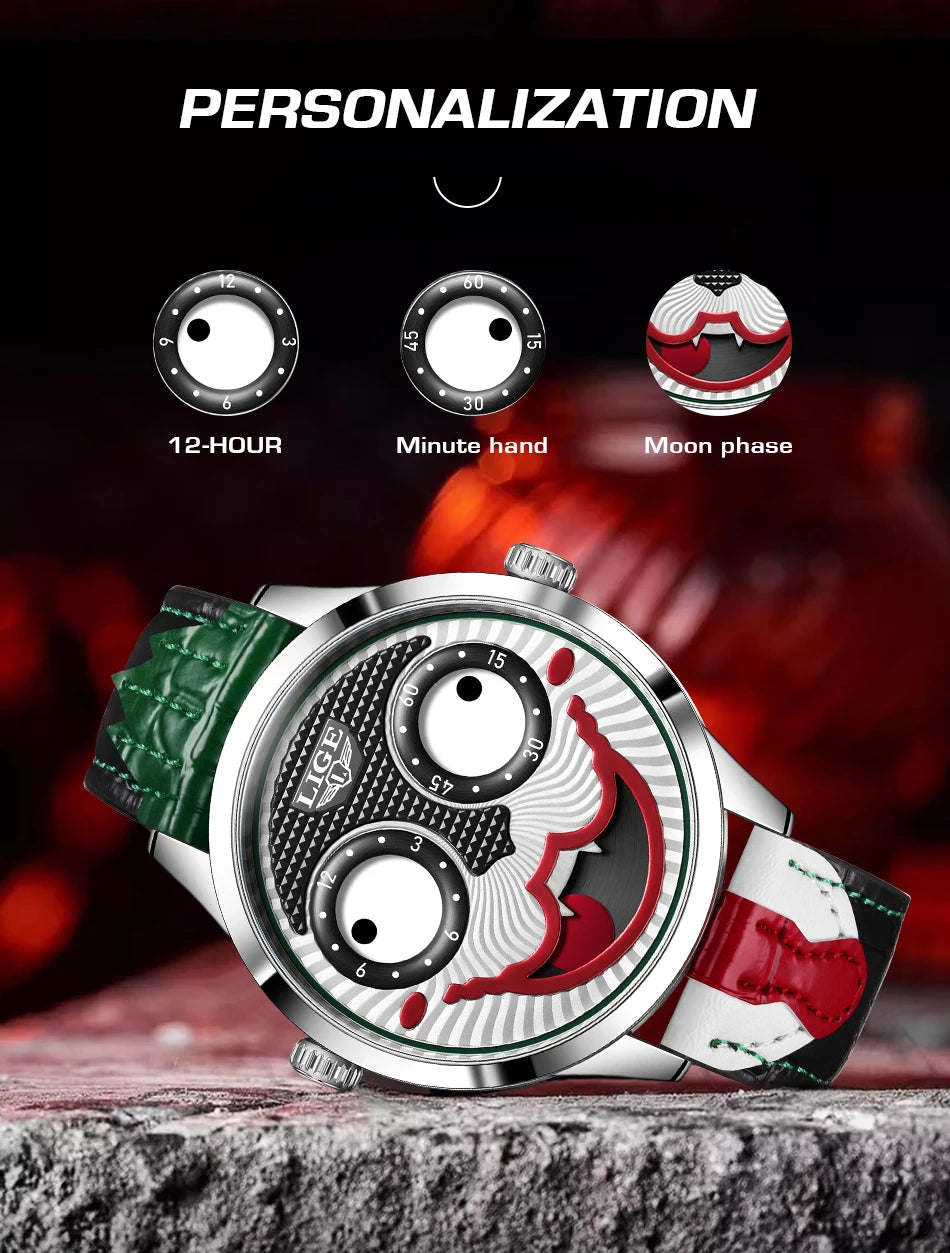 LIGE Creative Joker Watch Men Clown Men's Watches Fashion Leather Strap Waterproof Quartz Wristwatches Moon Phase Clock+BOX